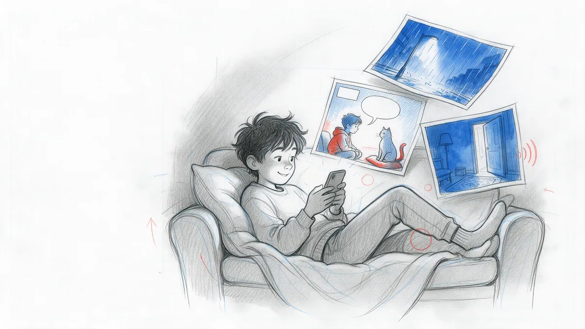 Pencil sketch of a reader on a sofa holding a phone; comic panels drift out of the screen and a speech balloon switches language.